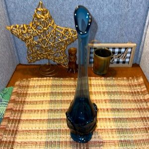 Mid century Viking swung vase. Blue indigo cabbage leaf design. 13 inches tall